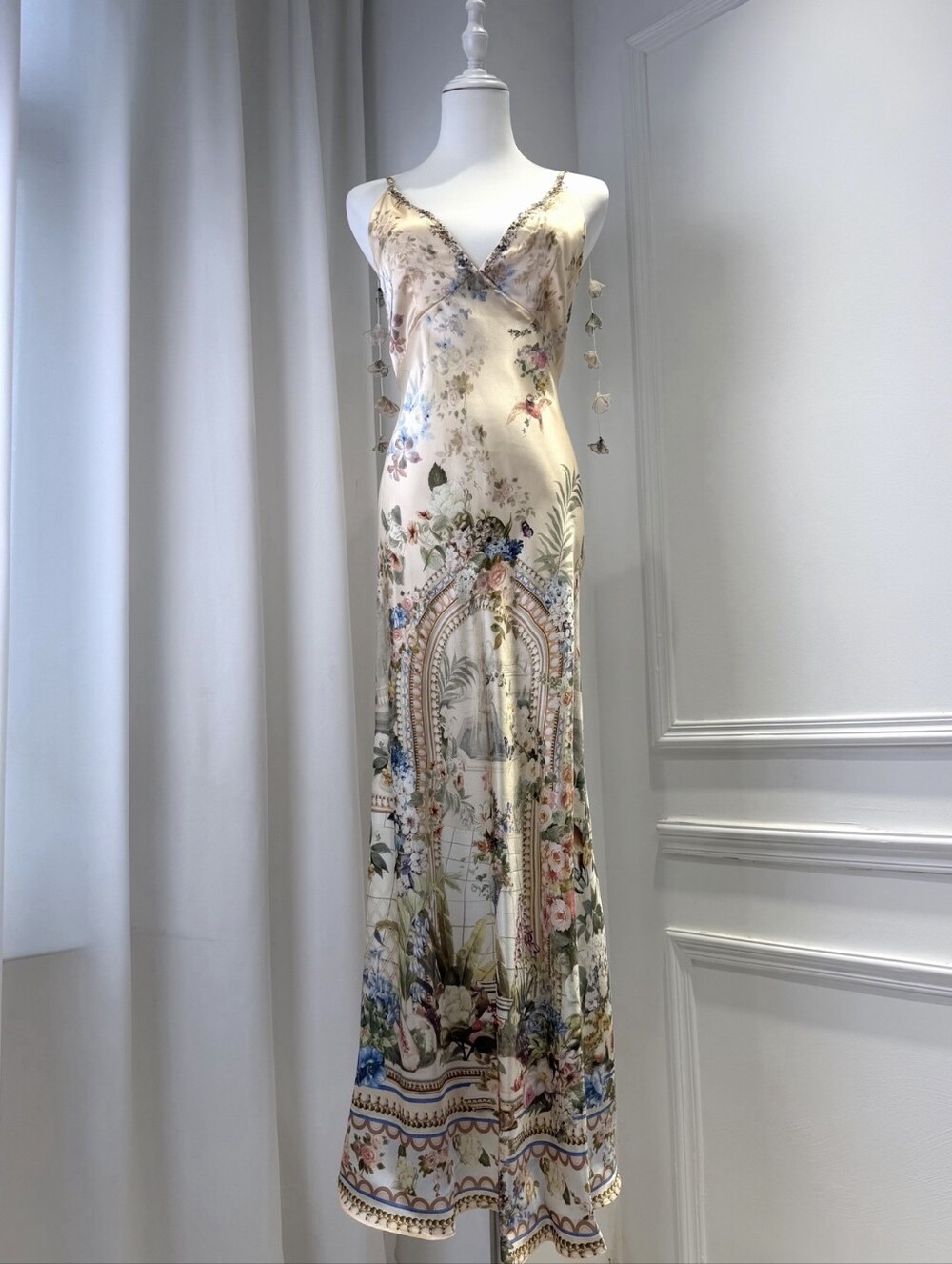 Camilla V Neck Full Length Bias Slip Dress In Midsummer Masterpiece - Picture 7 of 15